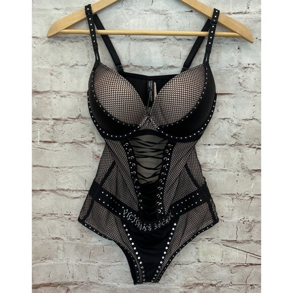 VICTORIA'S SECRET X BALMAIN Fishnet Bodysuit VS SEXY Teddy Black Studded 34D NEW - Picture 1 of 6
